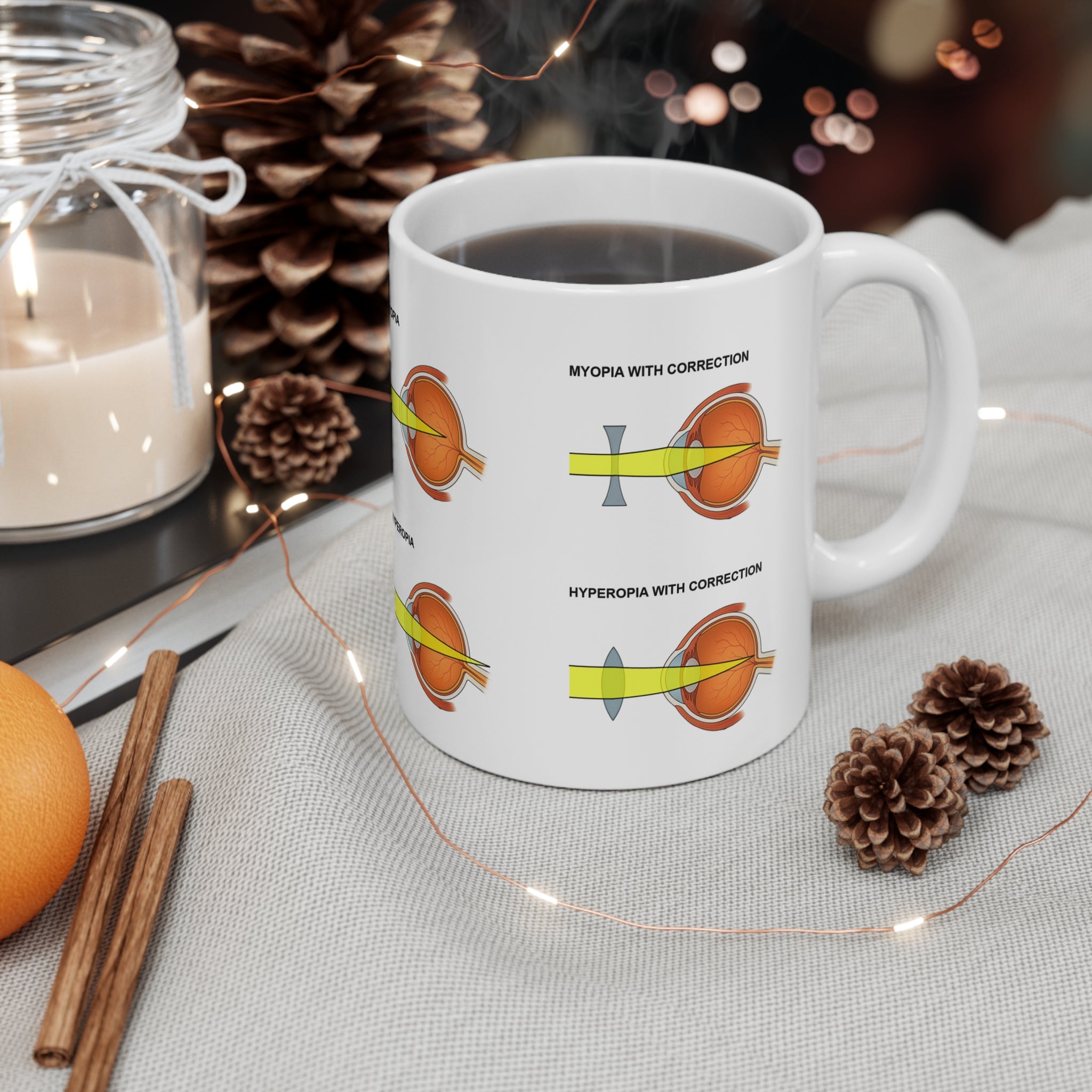 Mug with picture of snellen test and myopia / hyperopia correction - Gift for an optometrist