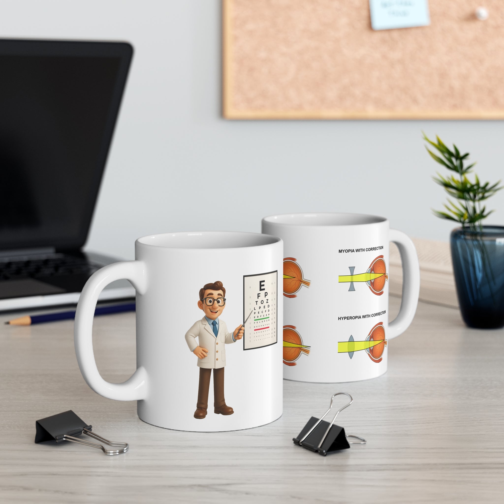 Mug with picture of snellen test and myopia / hyperopia correction - Gift for an optometrist