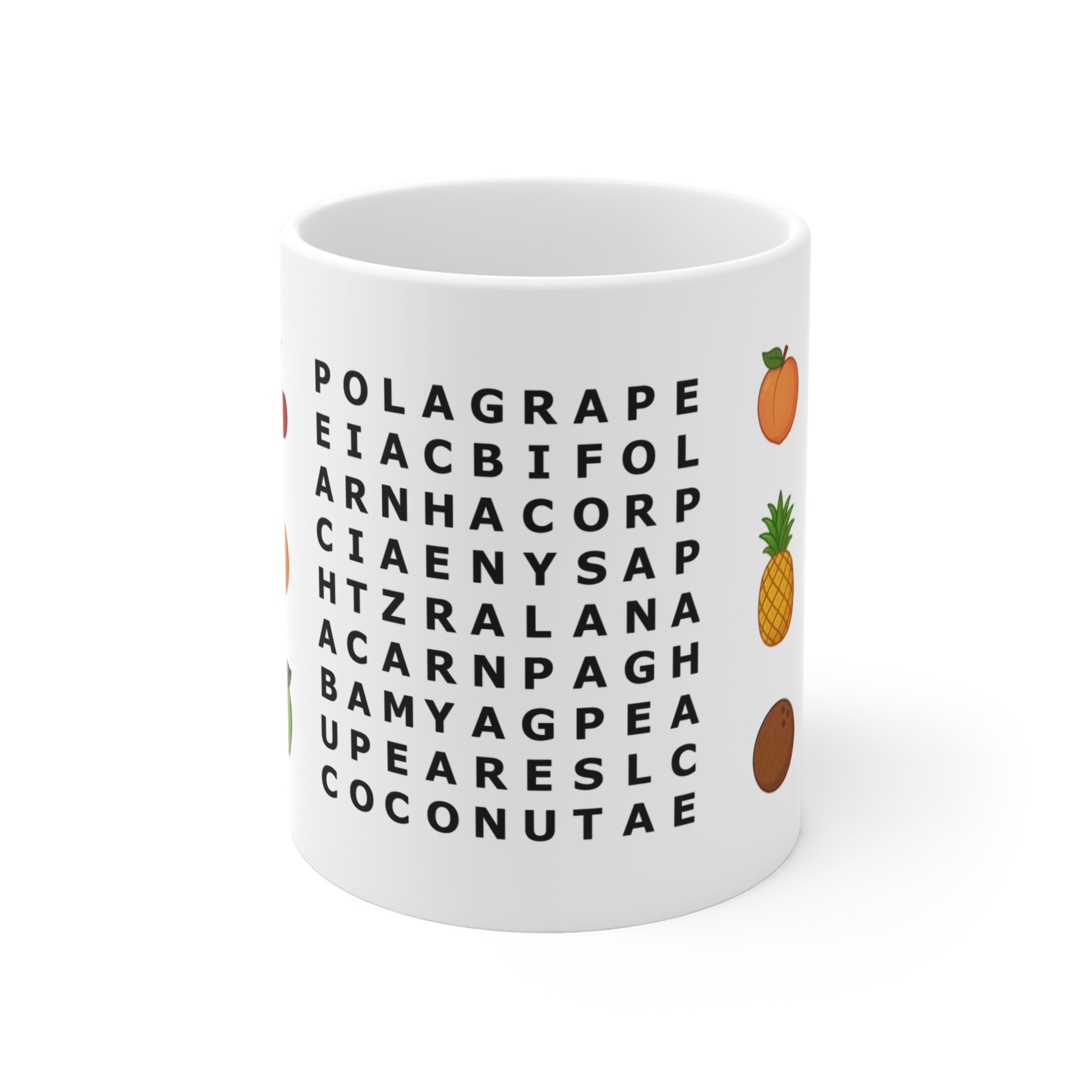 Mug for kids with a fruits word search