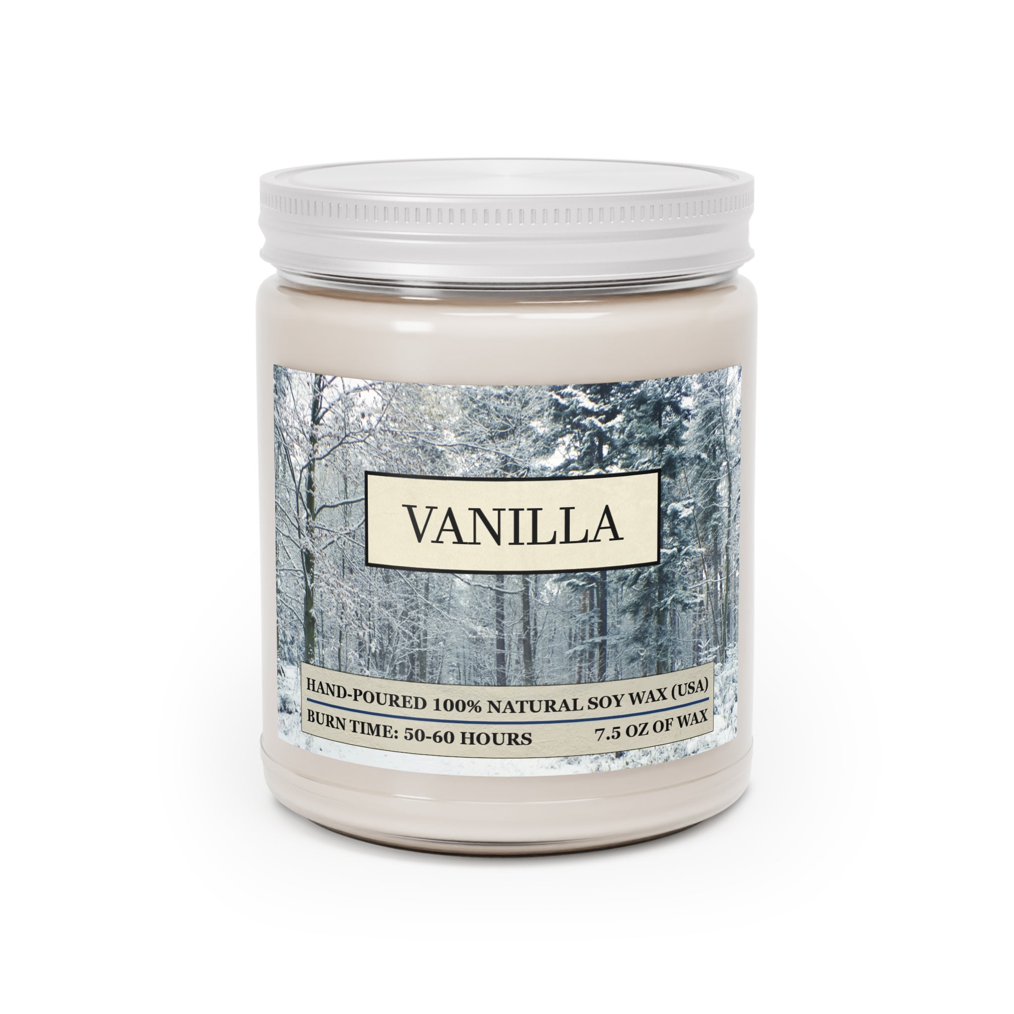 Vanilla scented natural soy wax candle with picture of a snowy forest