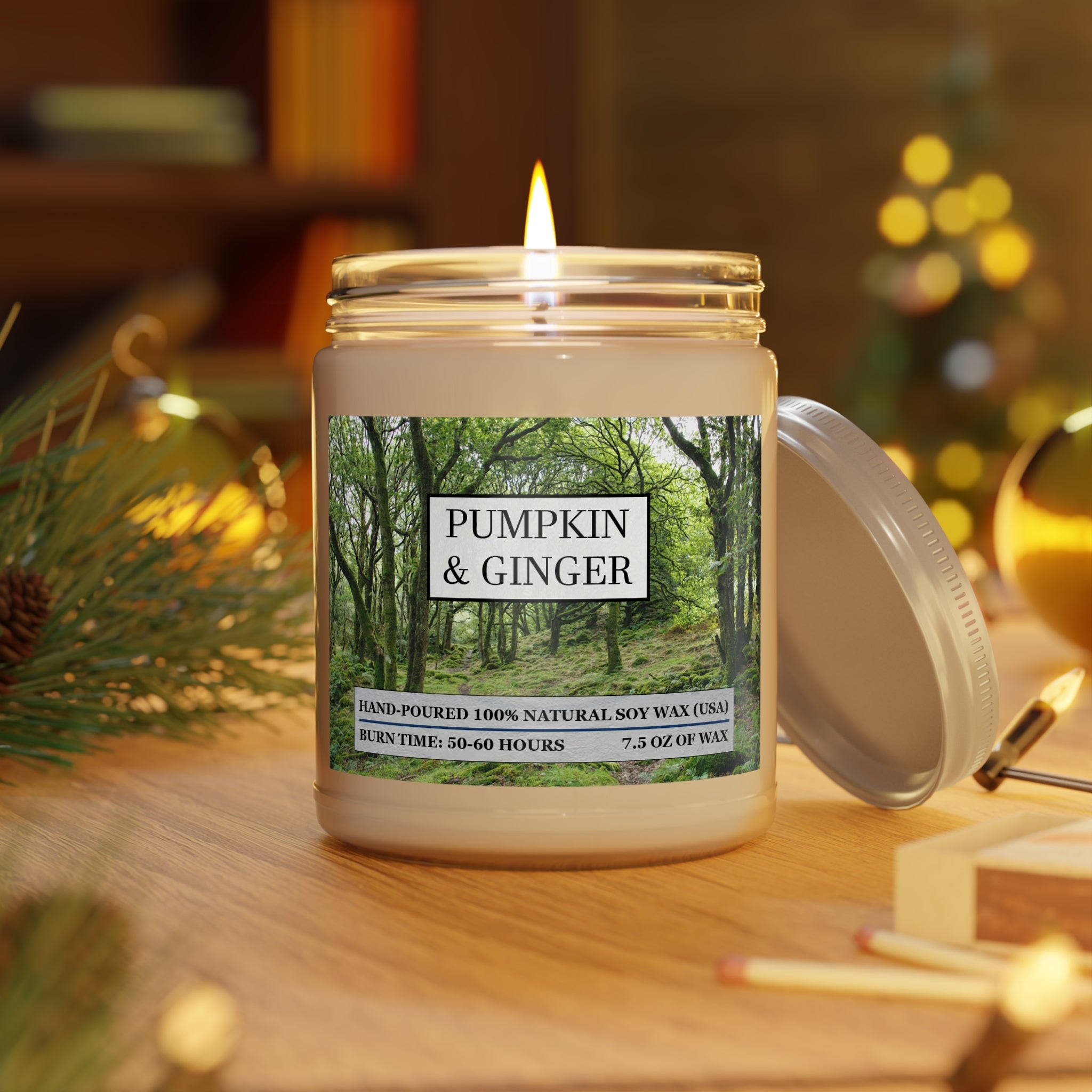 Pumpkin and ginger scented natural soy wax candle with the picture of a forest