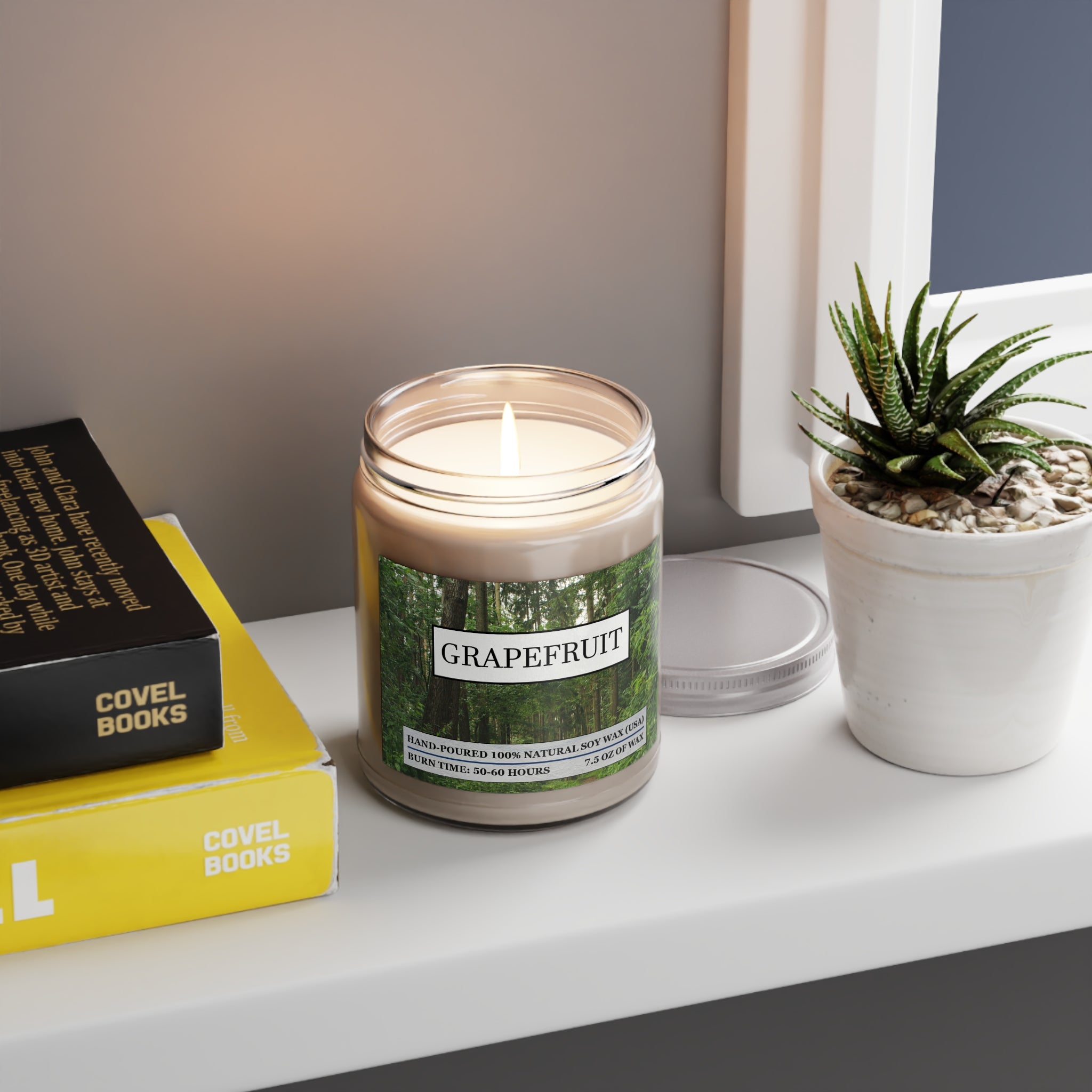 Grapefruit scented natural soy wax candle with the picture of a forest