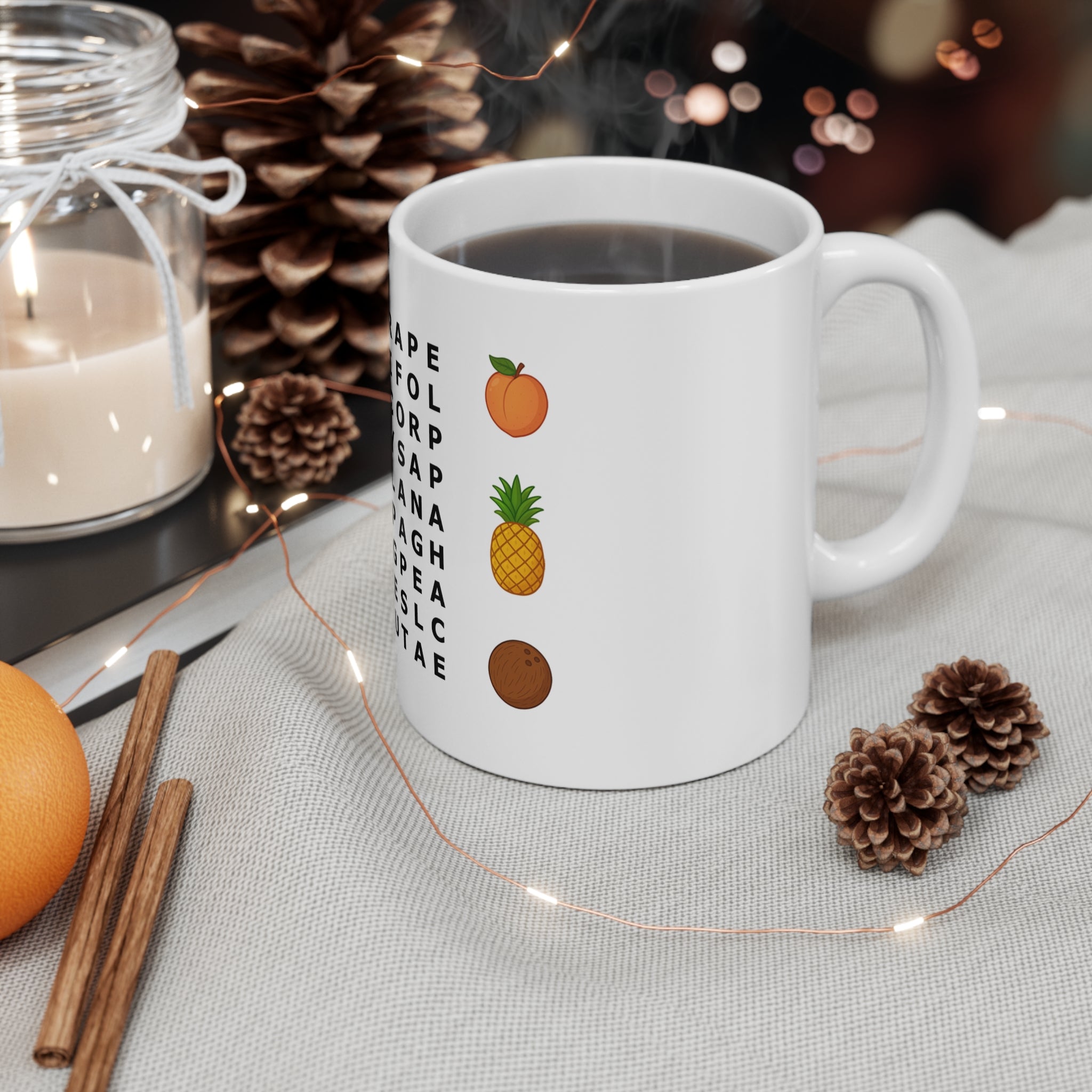 Mug for kids with a fruits word search