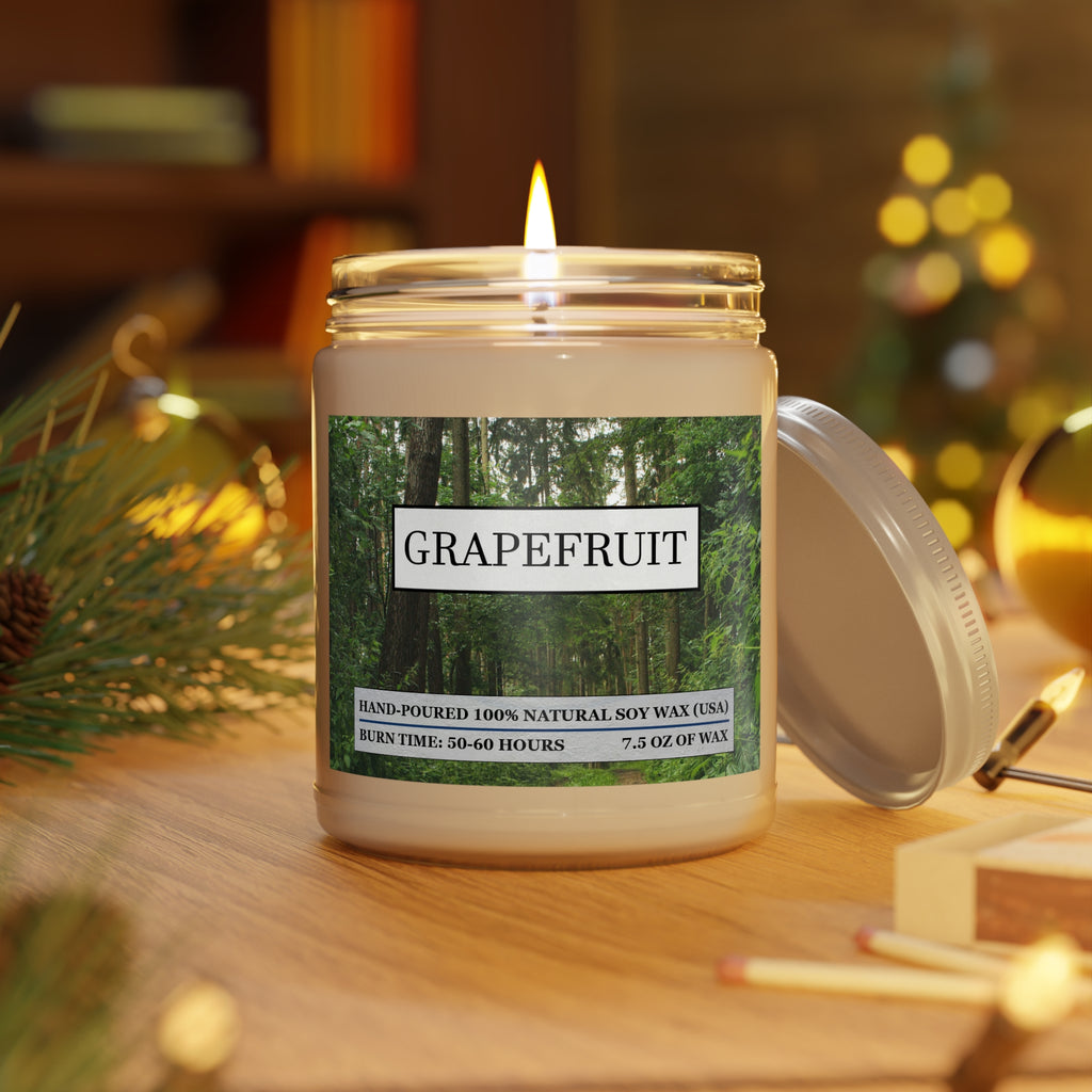 Grapefruit scented natural soy wax candle with the picture of a forest