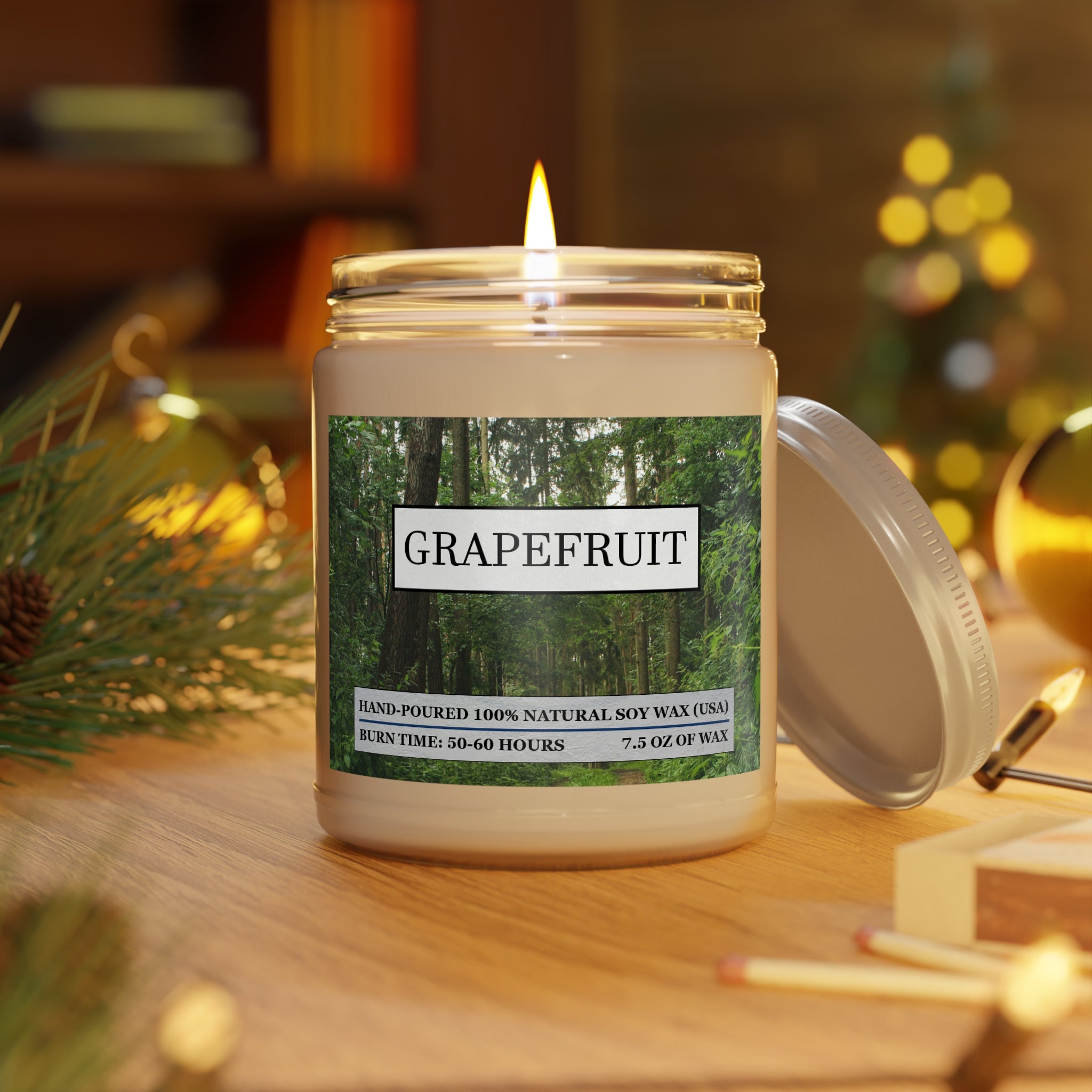 Grapefruit scented natural soy wax candle with the picture of a forest
