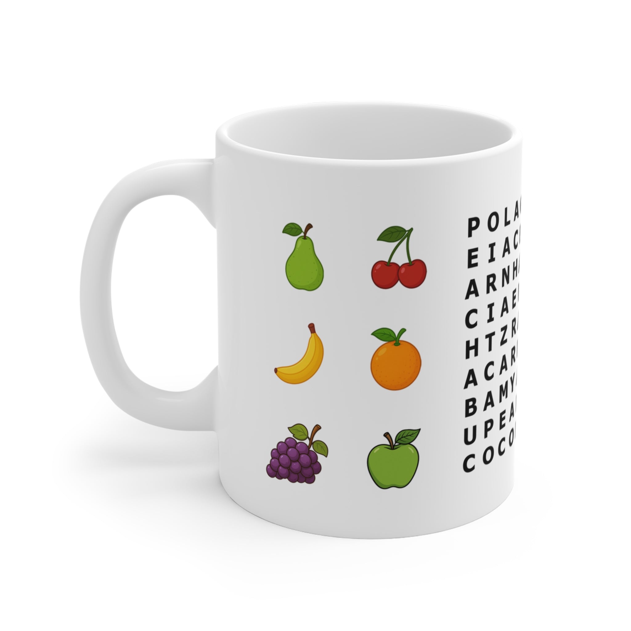 Mug for kids with a fruits word search