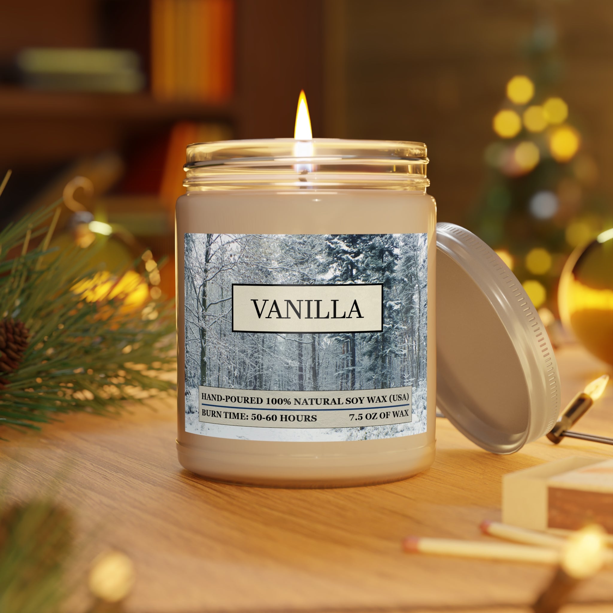 Vanilla scented natural soy wax candle with picture of a snowy forest