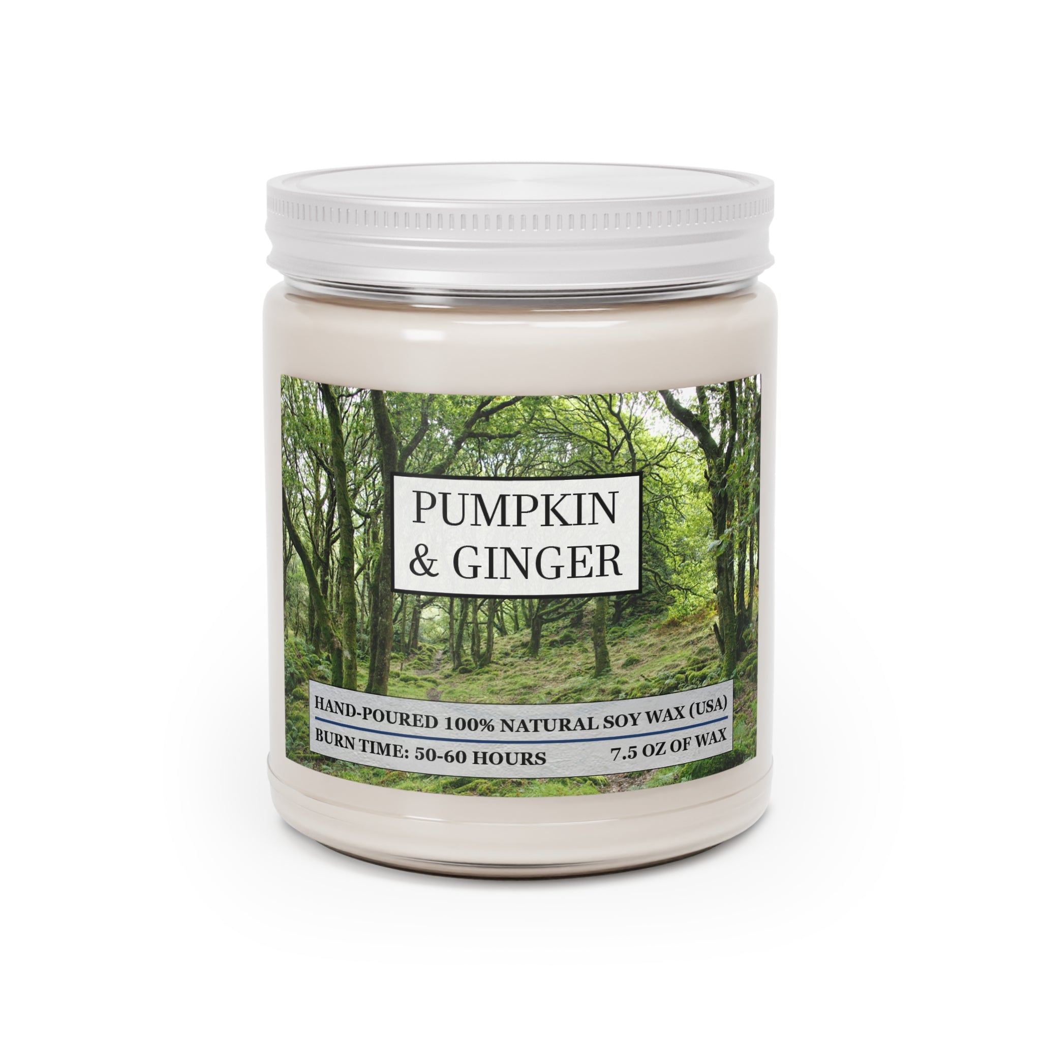 Pumpkin and ginger scented natural soy wax candle with the picture of a forest