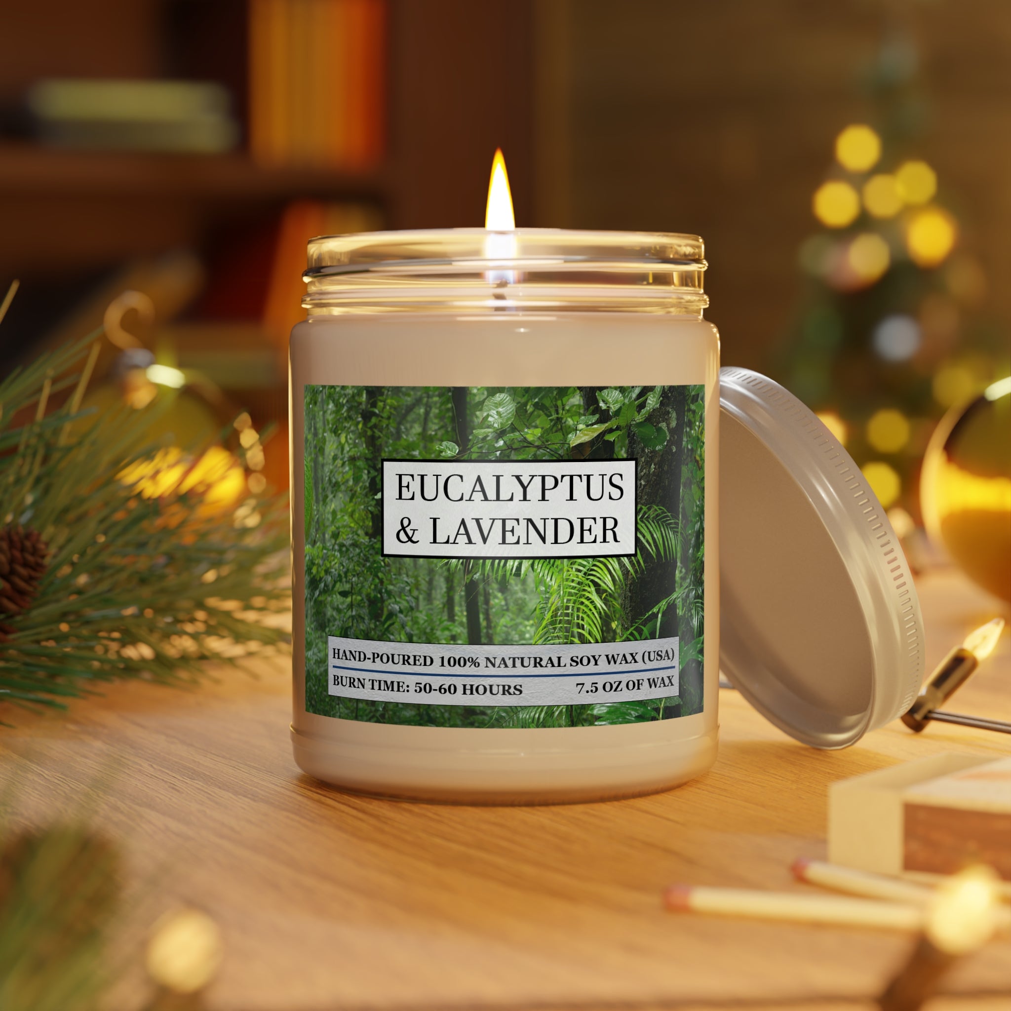 Eucalyptus and lavender scented natural soy wax candle with picture of a rainforest