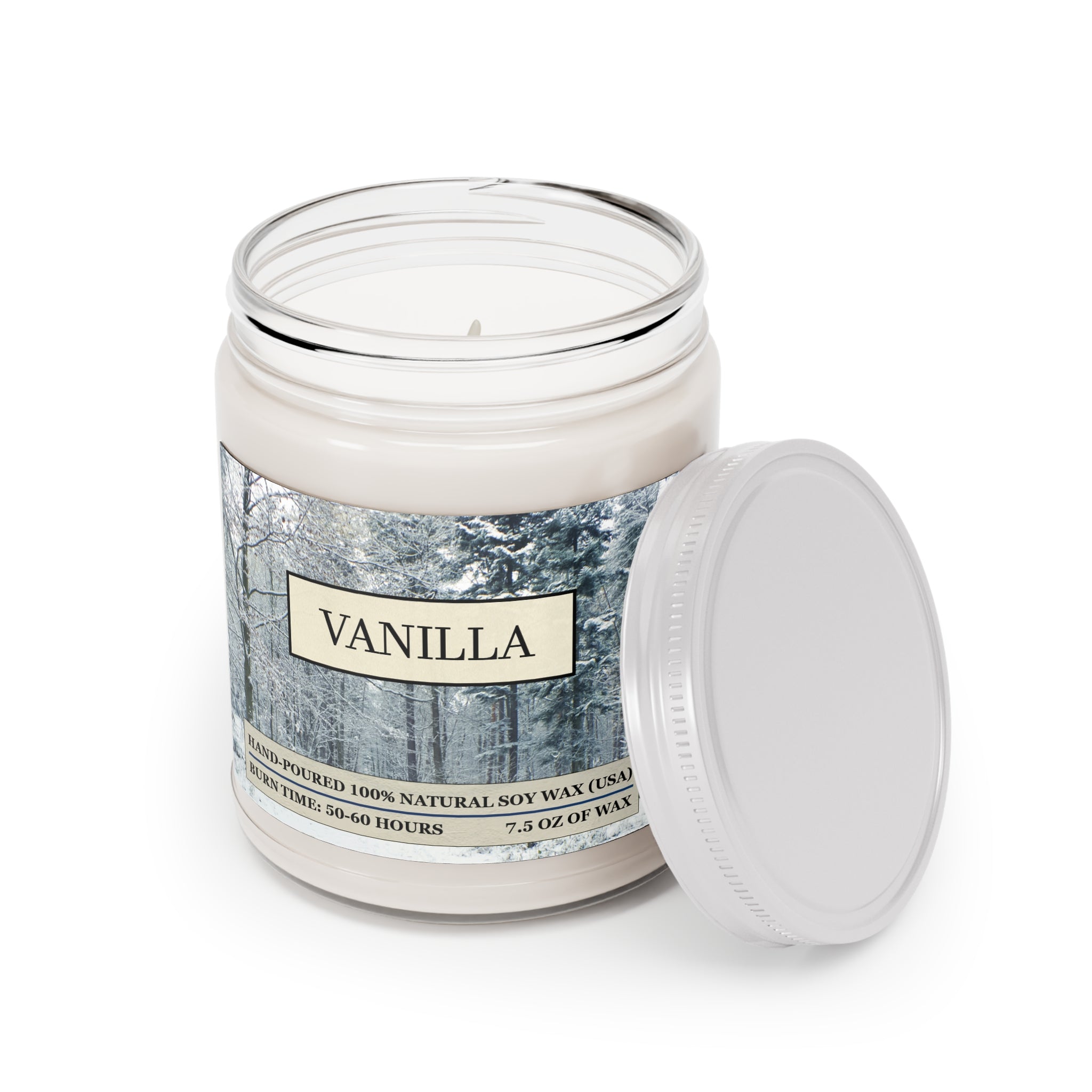 Vanilla scented natural soy wax candle with picture of a snowy forest