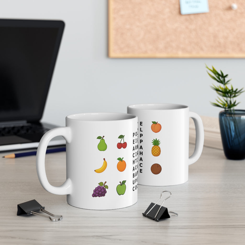 Mug for kids with a fruits word search