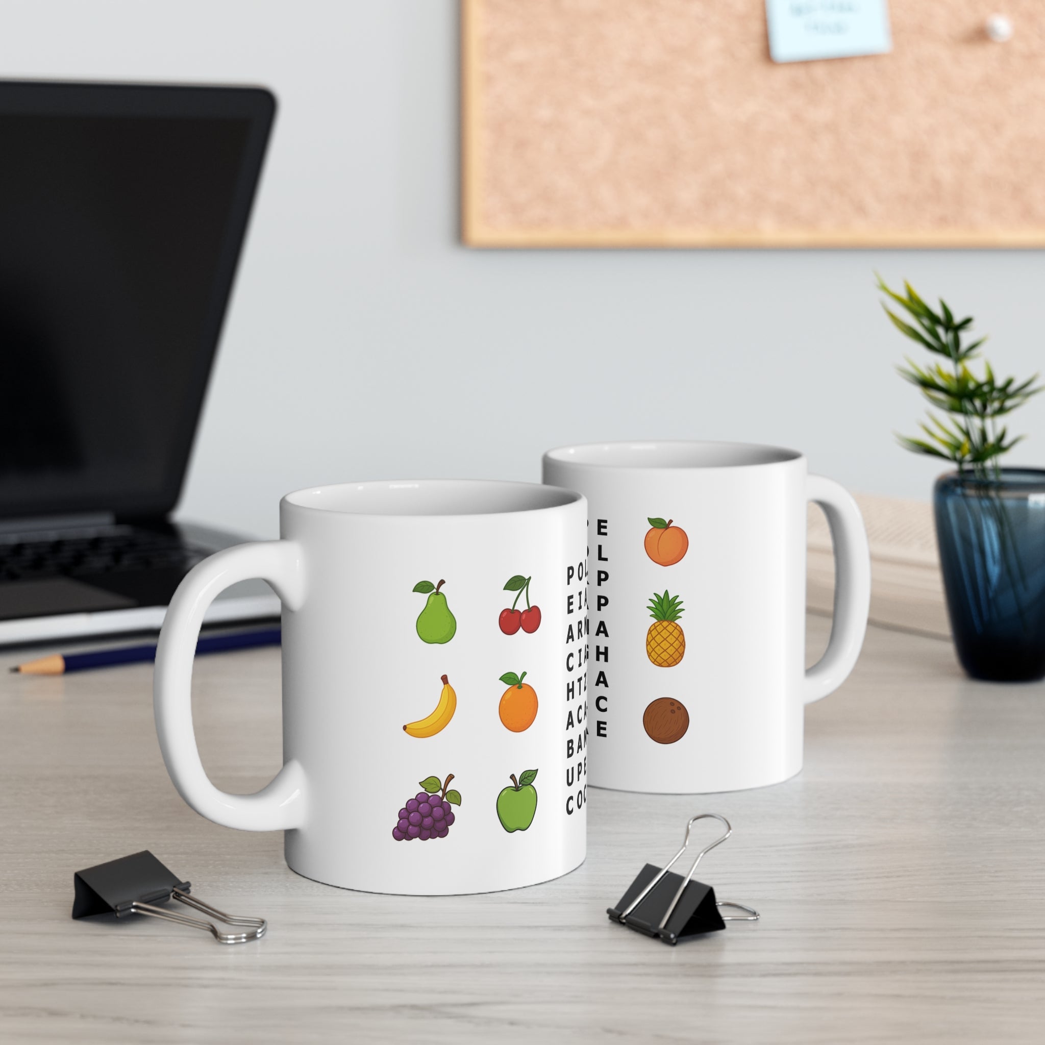 Mug for kids with a fruits word search