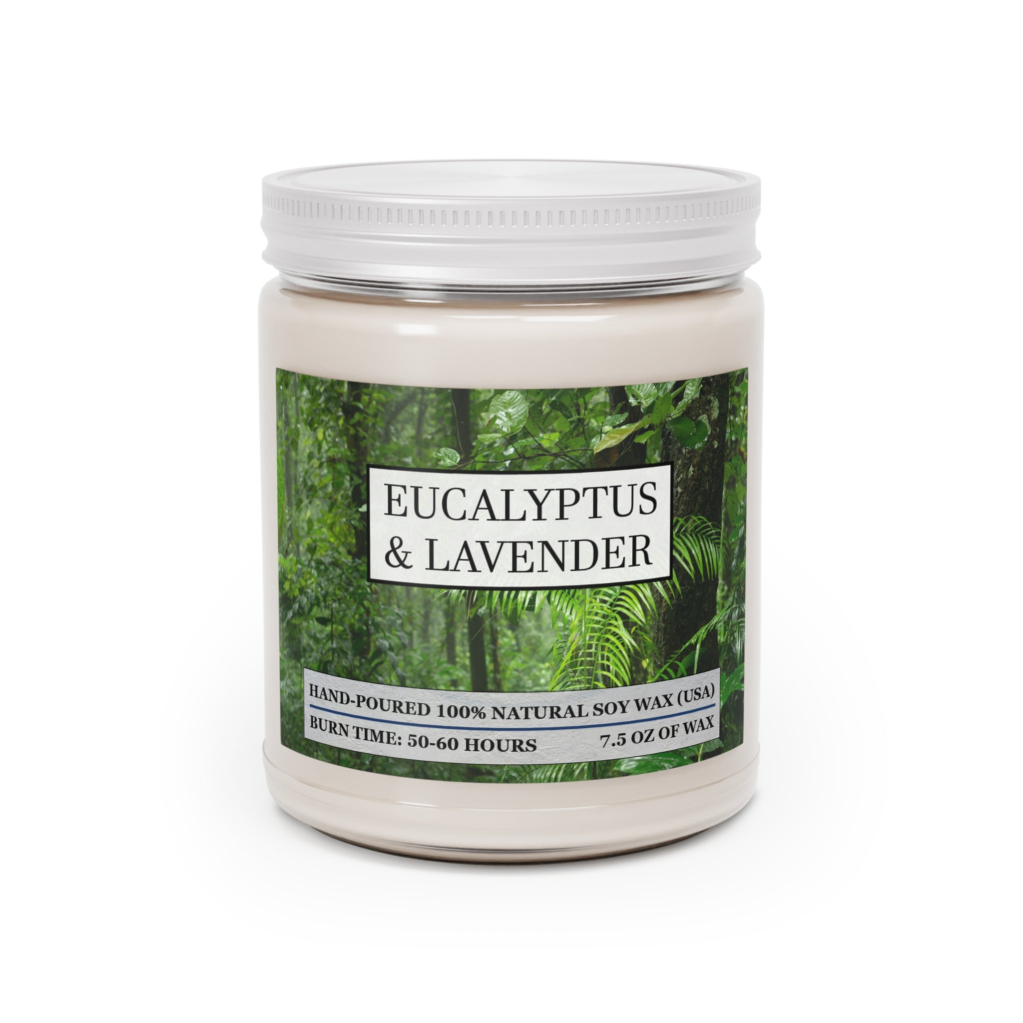 Eucalyptus and lavender scented natural soy wax candle with picture of a rainforest