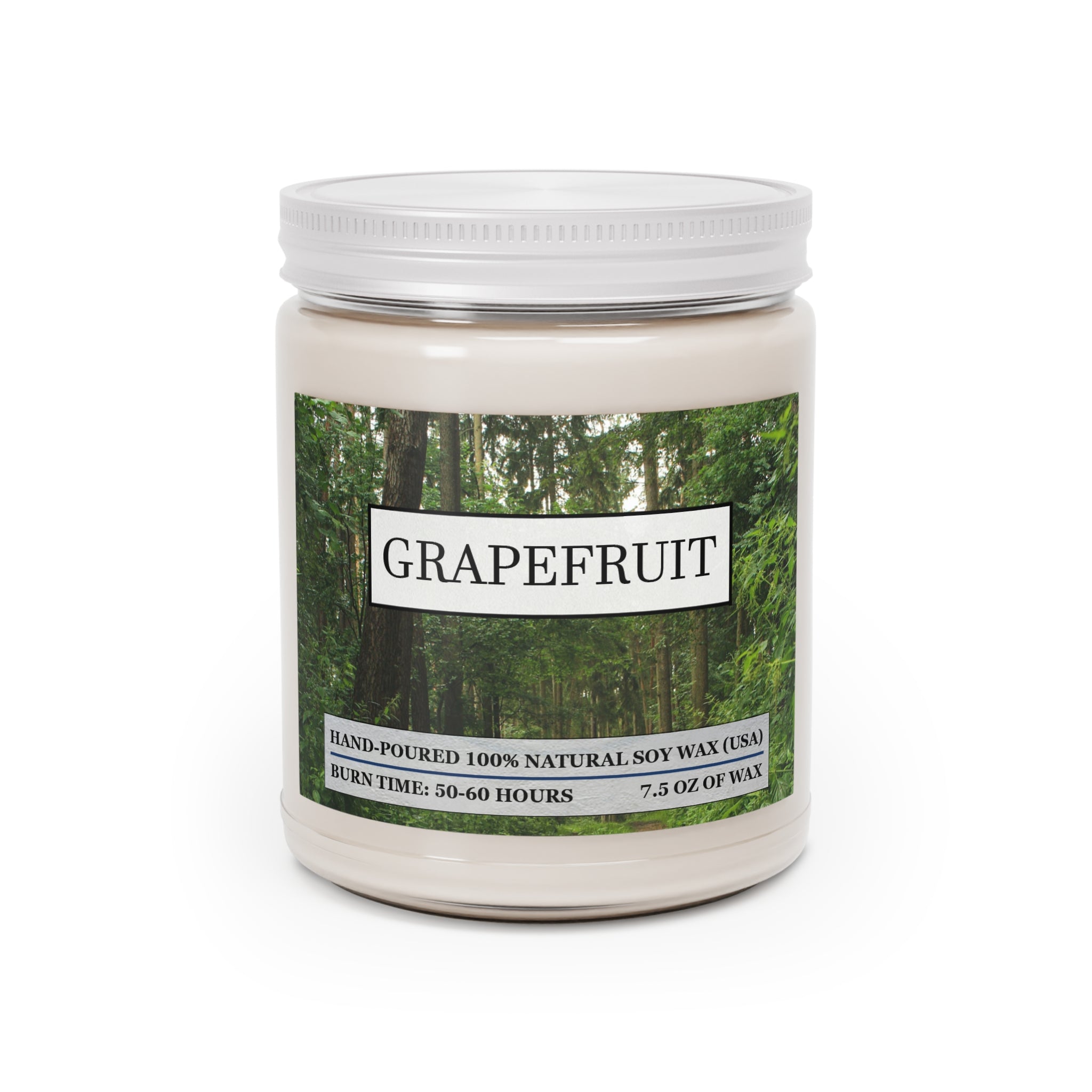 Grapefruit scented natural soy wax candle with the picture of a forest