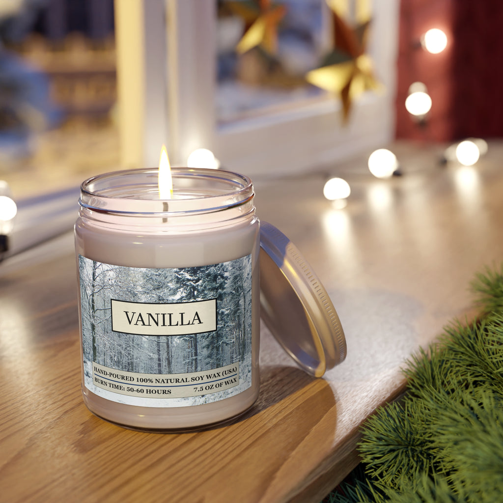 Vanilla scented natural soy wax candle with picture of a snowy forest