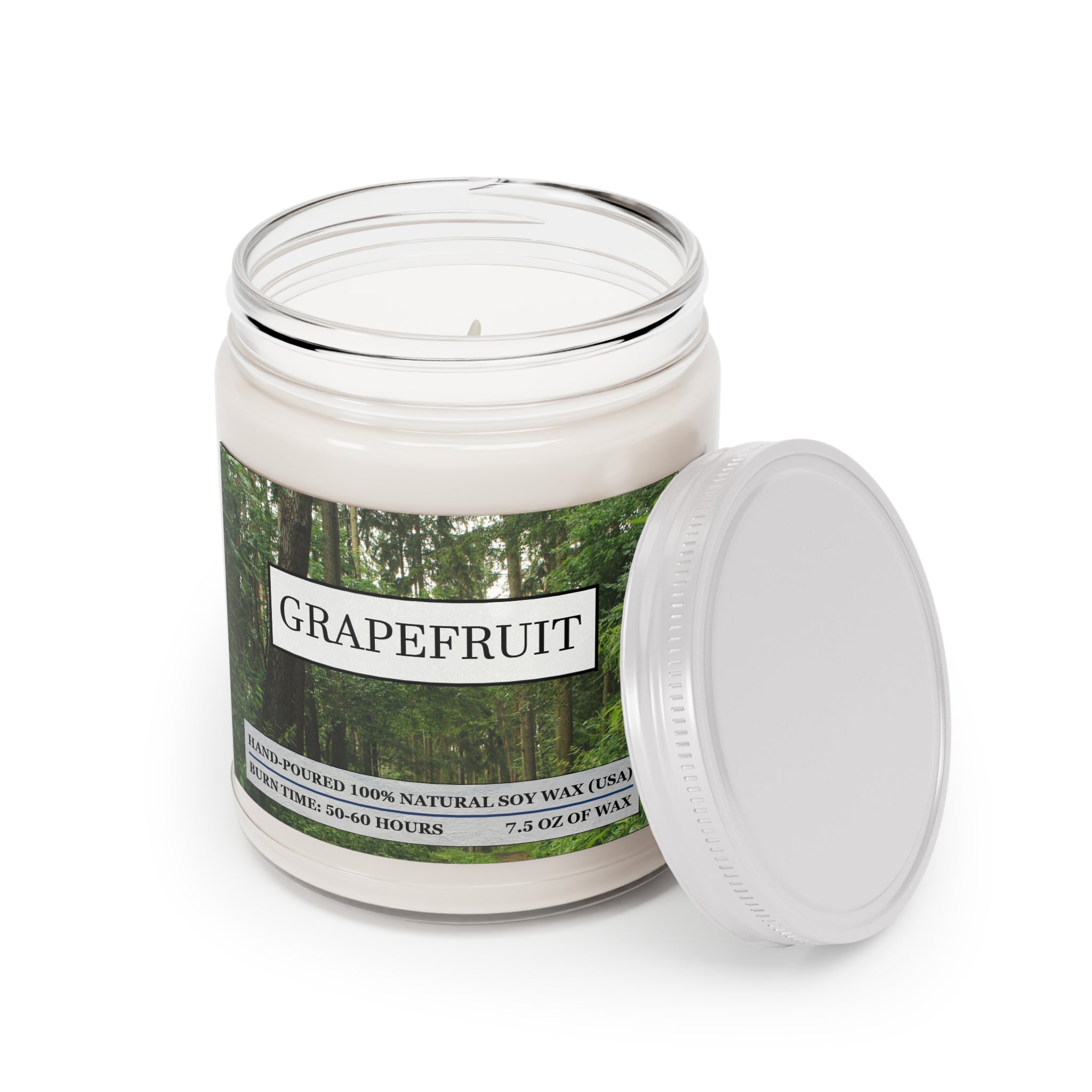 Grapefruit scented natural soy wax candle with the picture of a forest