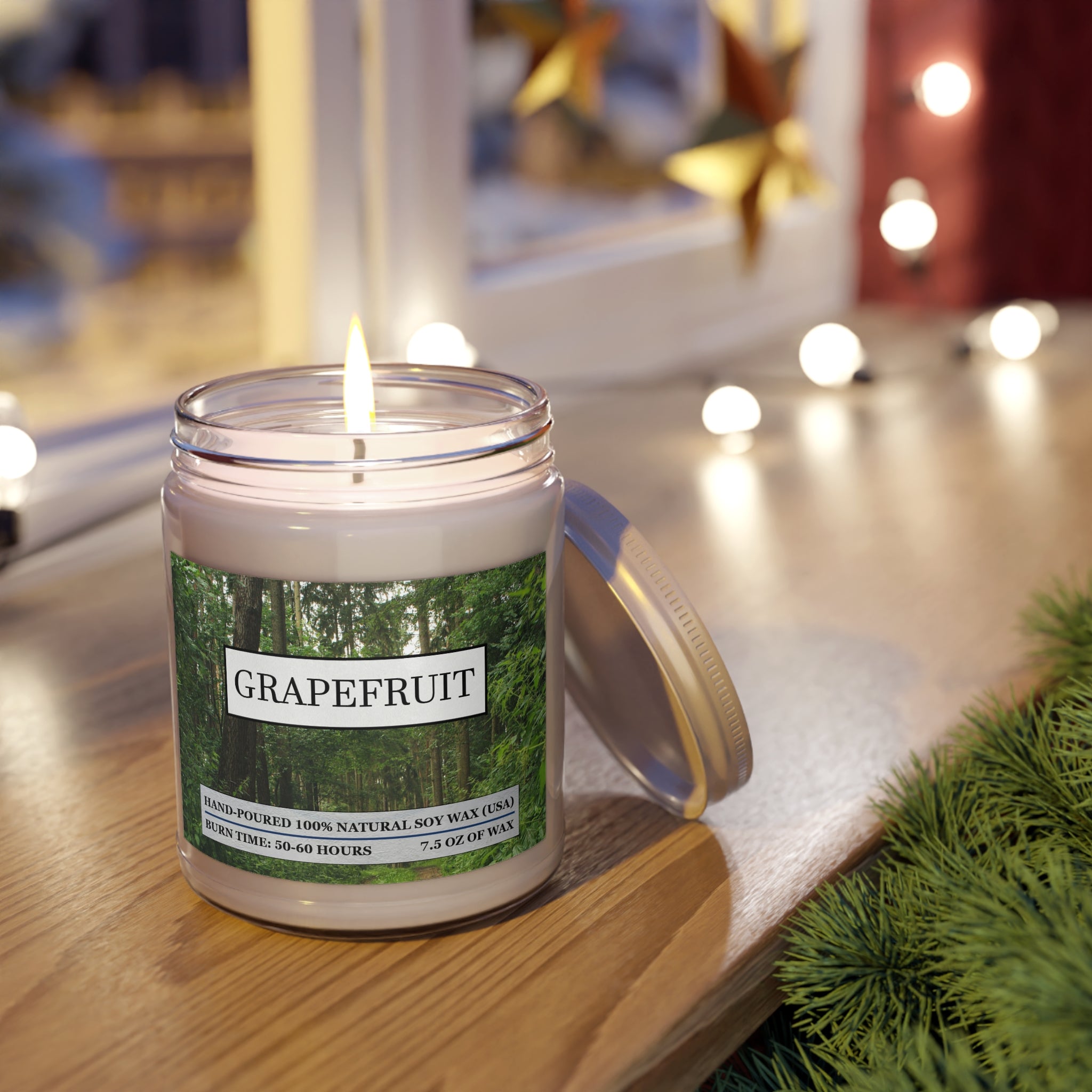 Grapefruit scented natural soy wax candle with the picture of a forest