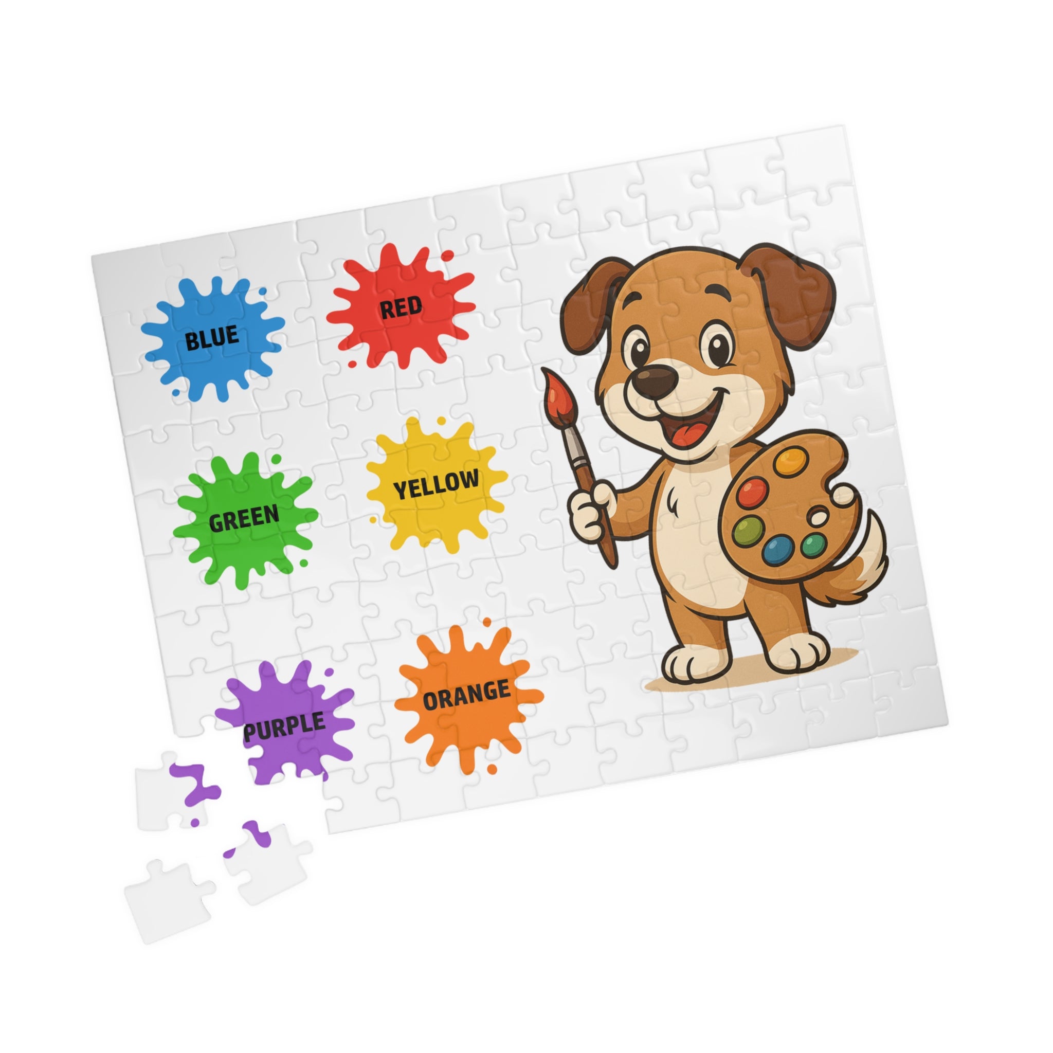 Puzzle for kids with the picture of a dog to learn the names of the colours (110 pieces)