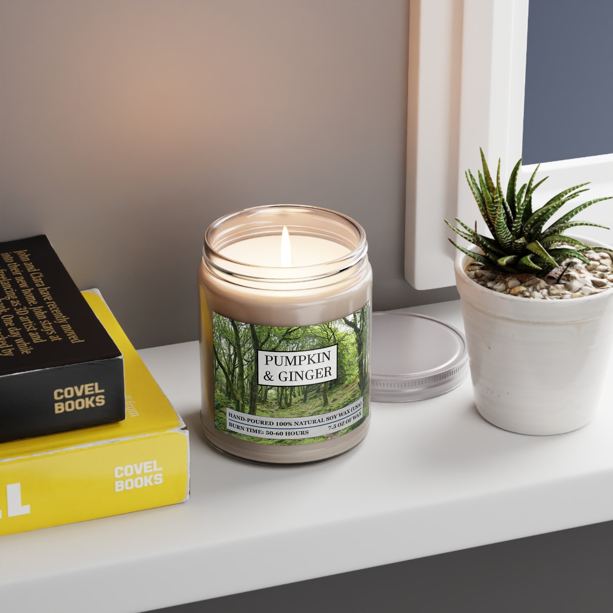 Pumpkin and ginger scented natural soy wax candle with the picture of a forest