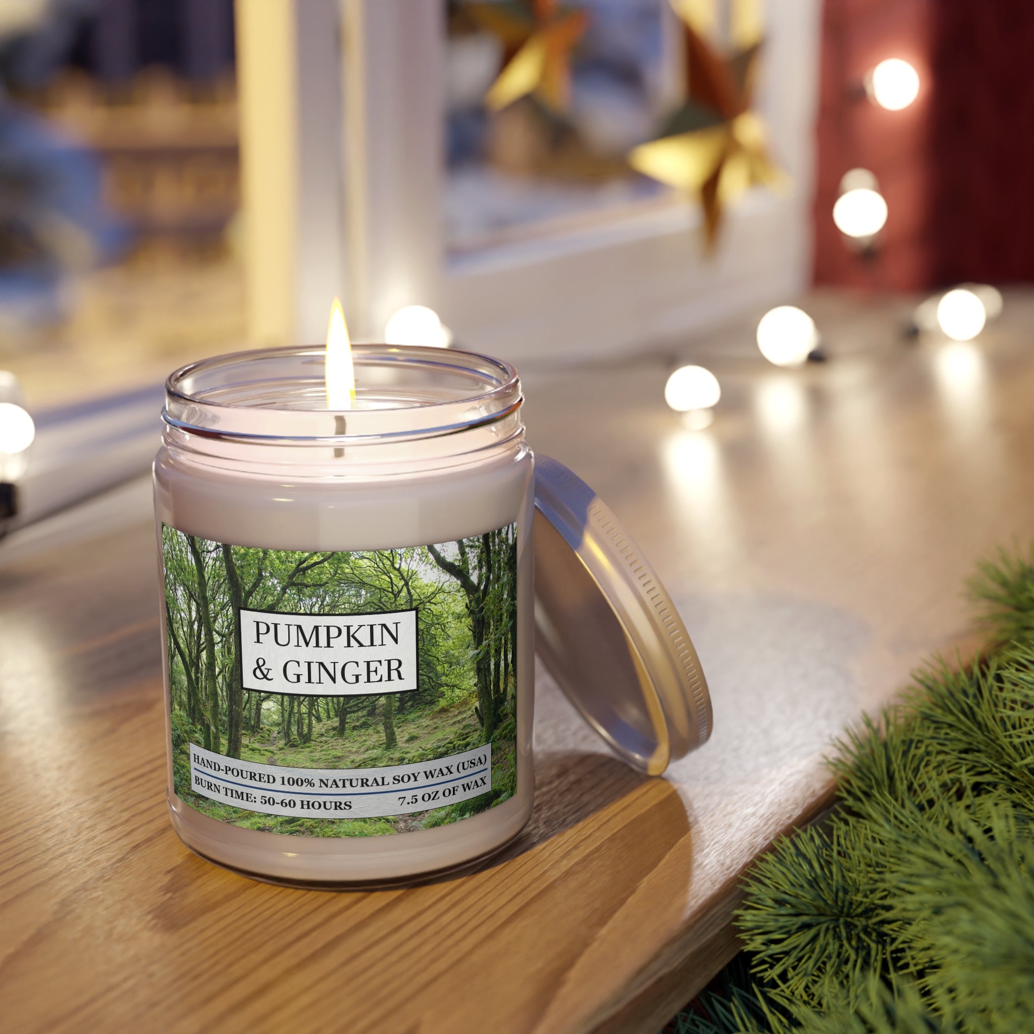 Pumpkin and ginger scented natural soy wax candle with the picture of a forest