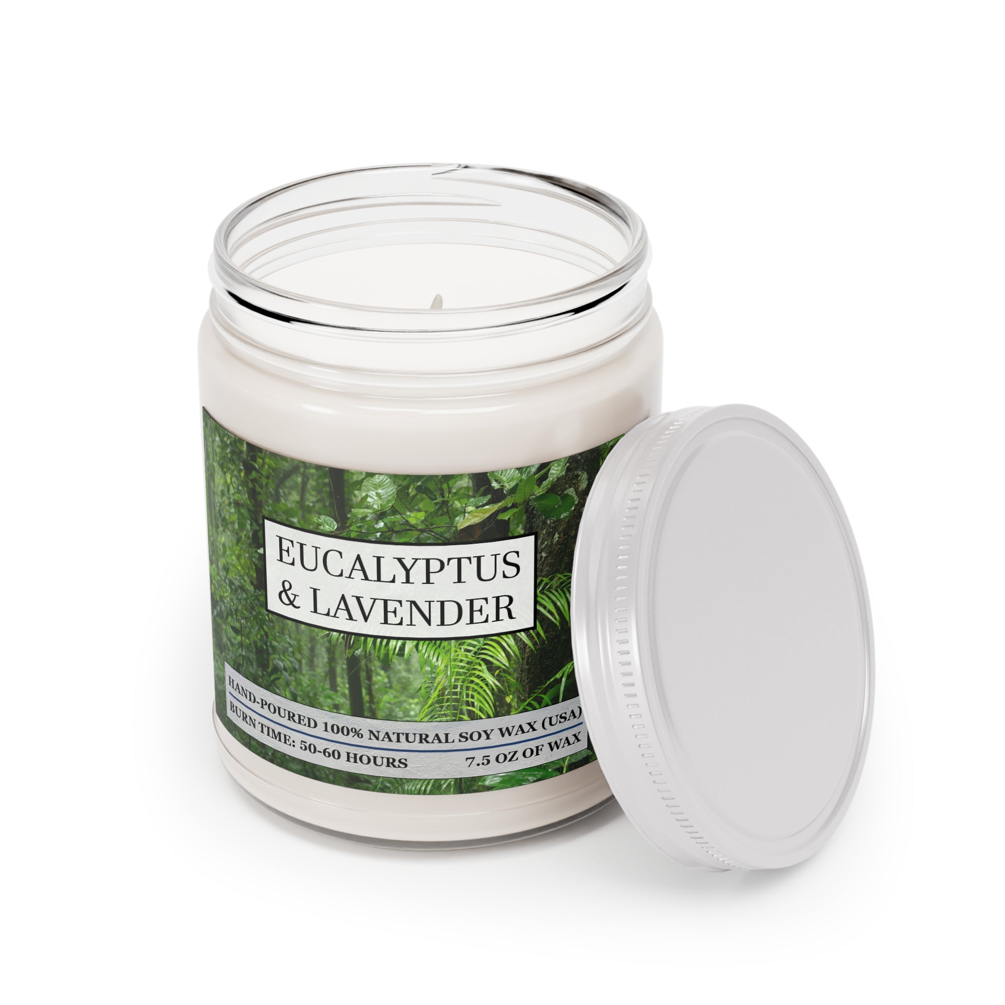 Eucalyptus and lavender scented natural soy wax candle with picture of a rainforest