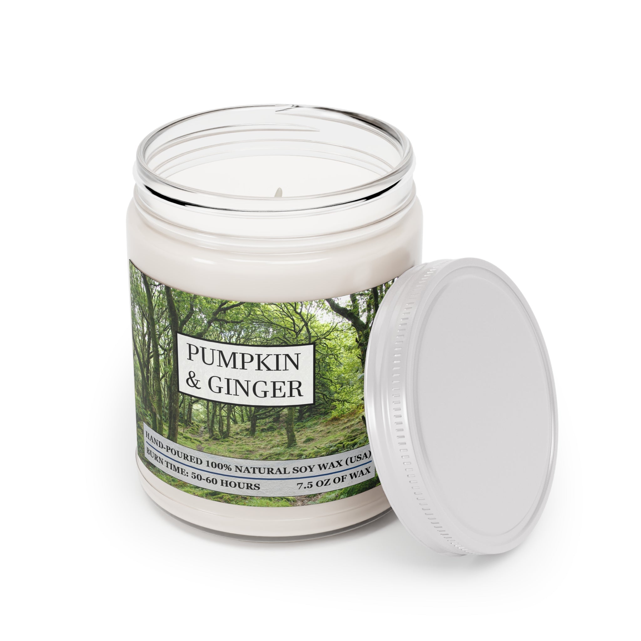 Pumpkin and ginger scented natural soy wax candle with the picture of a forest