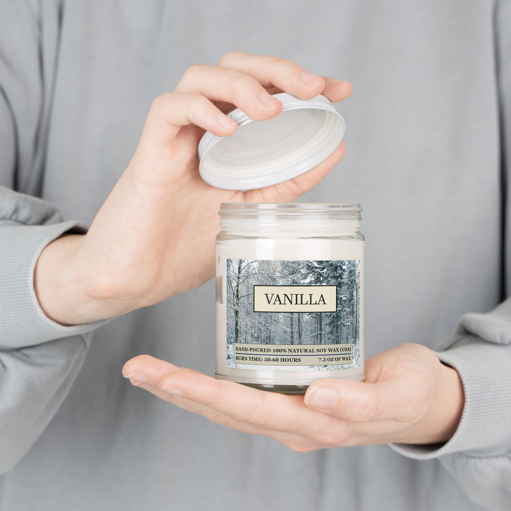 Vanilla scented natural soy wax candle with picture of a snowy forest