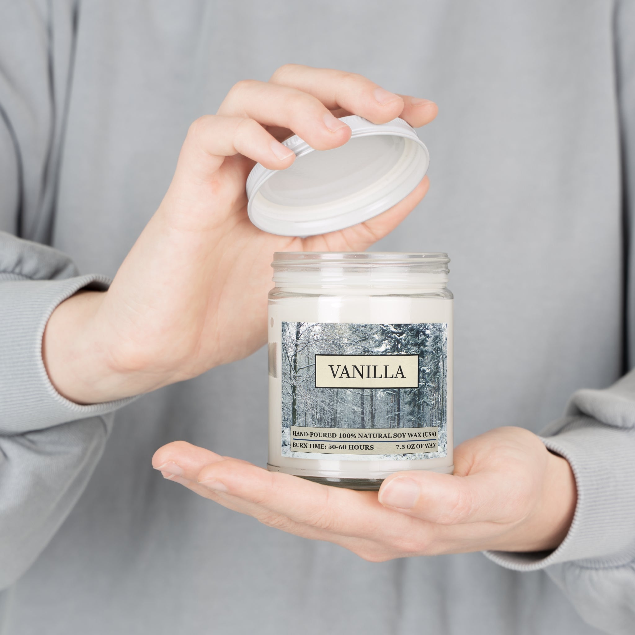 Vanilla scented natural soy wax candle with picture of a snowy forest