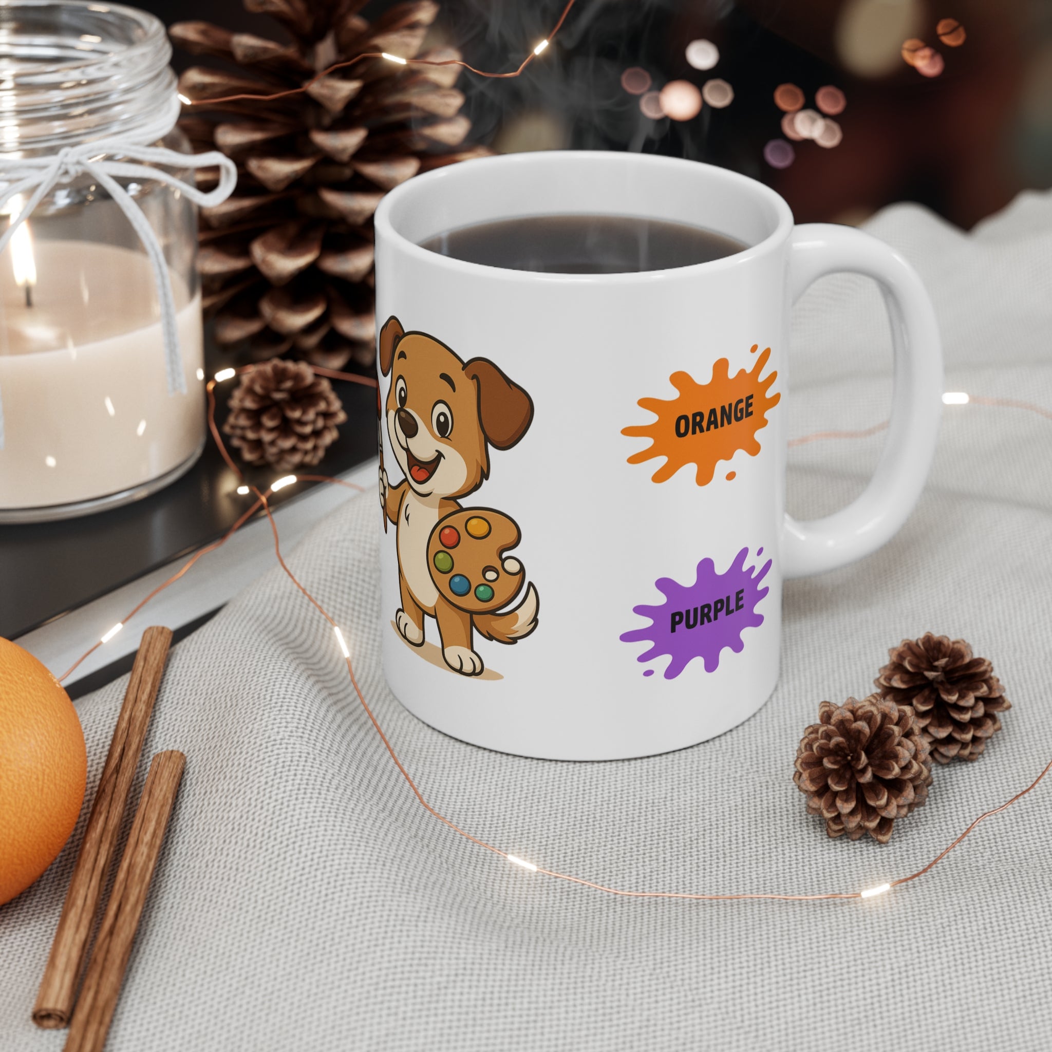 Mug for kids with dog to learn the names of the colours